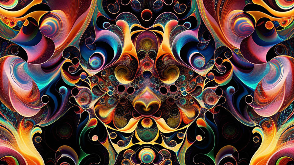 Symmetrical Fractal Pattern in Blue, Orange, and Gold Swirls