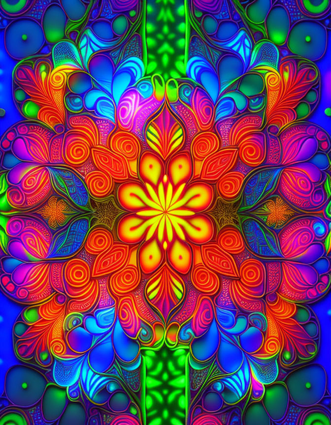 Colorful Neon Fractal Pattern with Symmetrical Floral Motifs