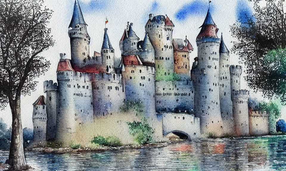 Watercolor painting of medieval castle with towers and spires reflected in water, beside leafless tree.