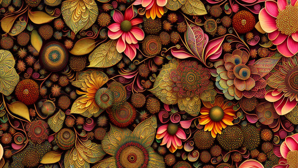 Colorful Floral Pattern with Detailed Flowers and Leaves in Warm Tones