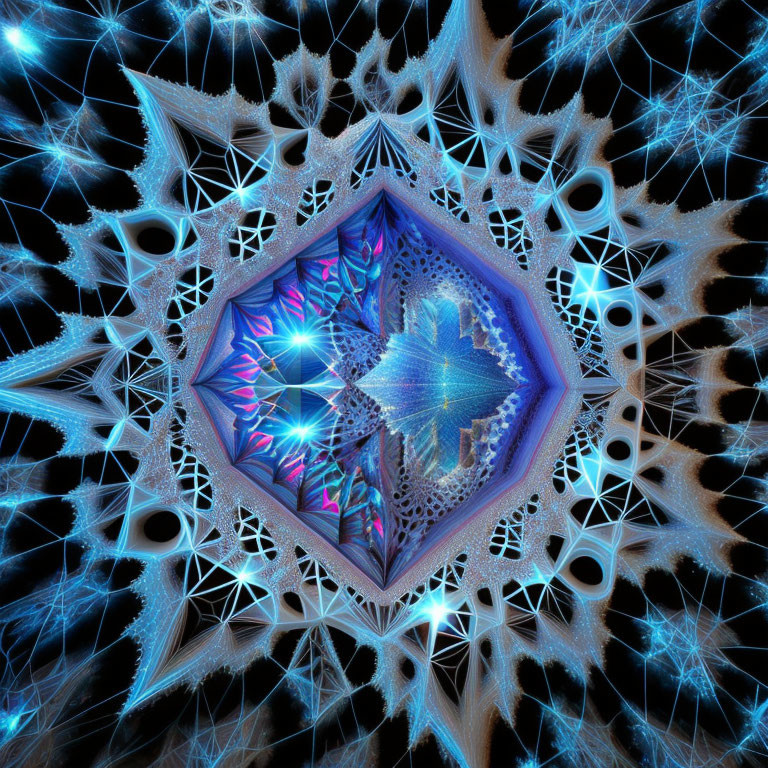 Neon blue and pink fractal star pattern on dark background