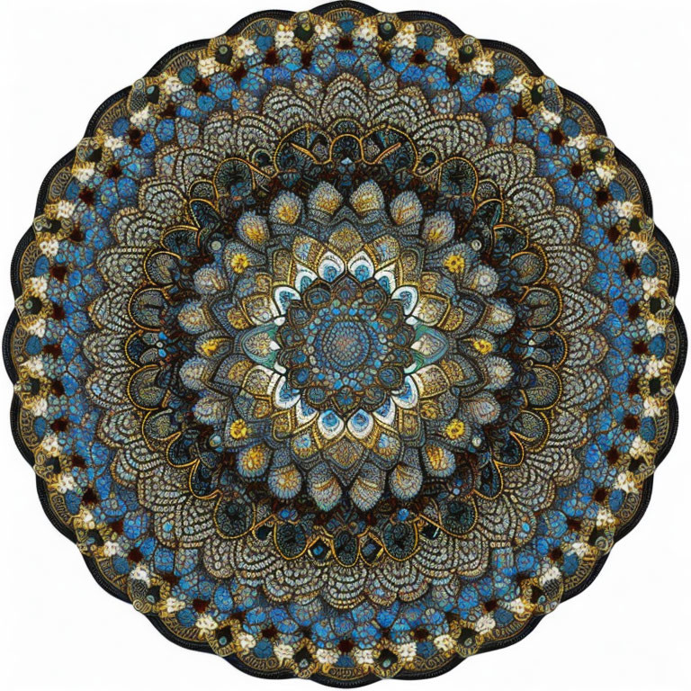 Detailed Symmetrical Mandala with Golden and Blue Patterns on Black Background