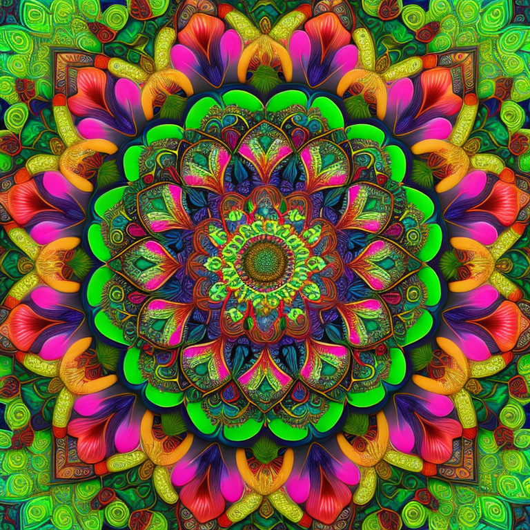 Colorful Digital Mandala with Intricate Patterns in Pink, Green, Blue, and Yellow