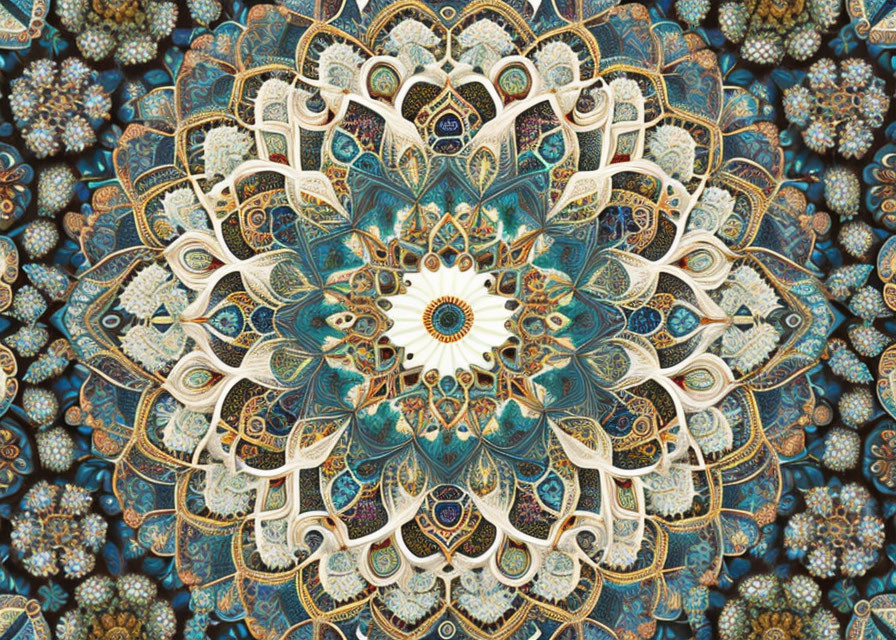 Detailed Symmetrical Fractal Design: Blue, Gold, White Mandala Patterns