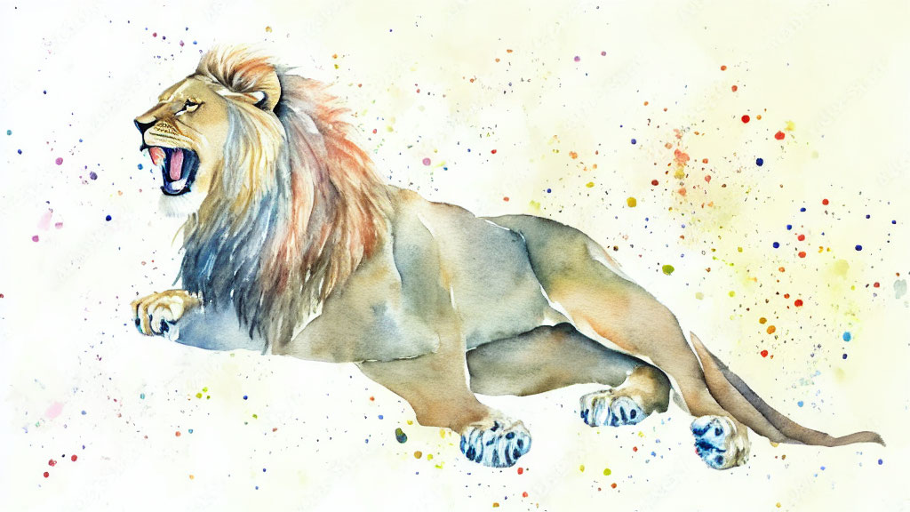 Roaring lion watercolor painting with vibrant splash background