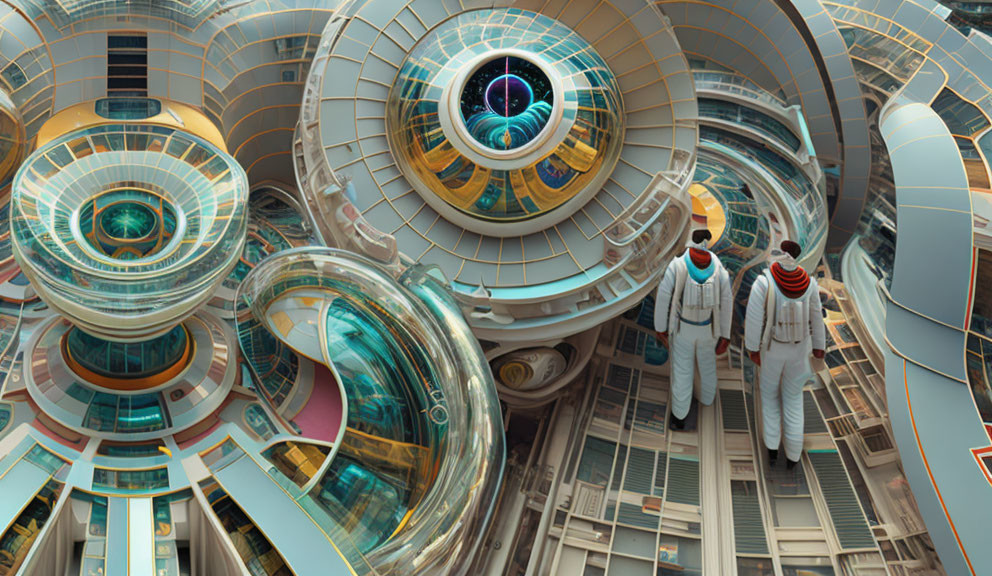 Futuristic white-suited individuals in circular-designed structure