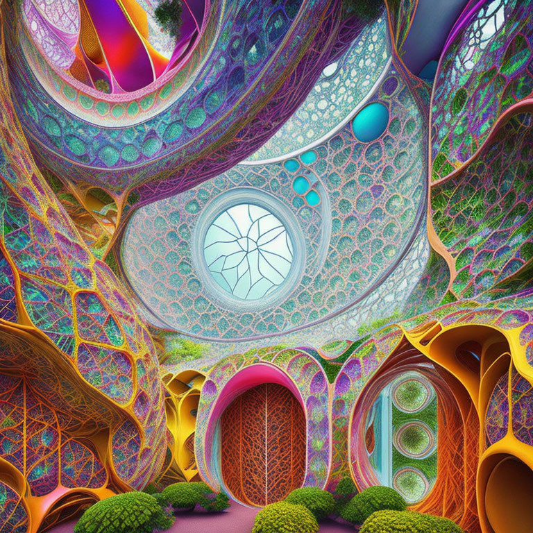 Colorful Fractal Architecture with Circular Doorways & Moss-like Elements