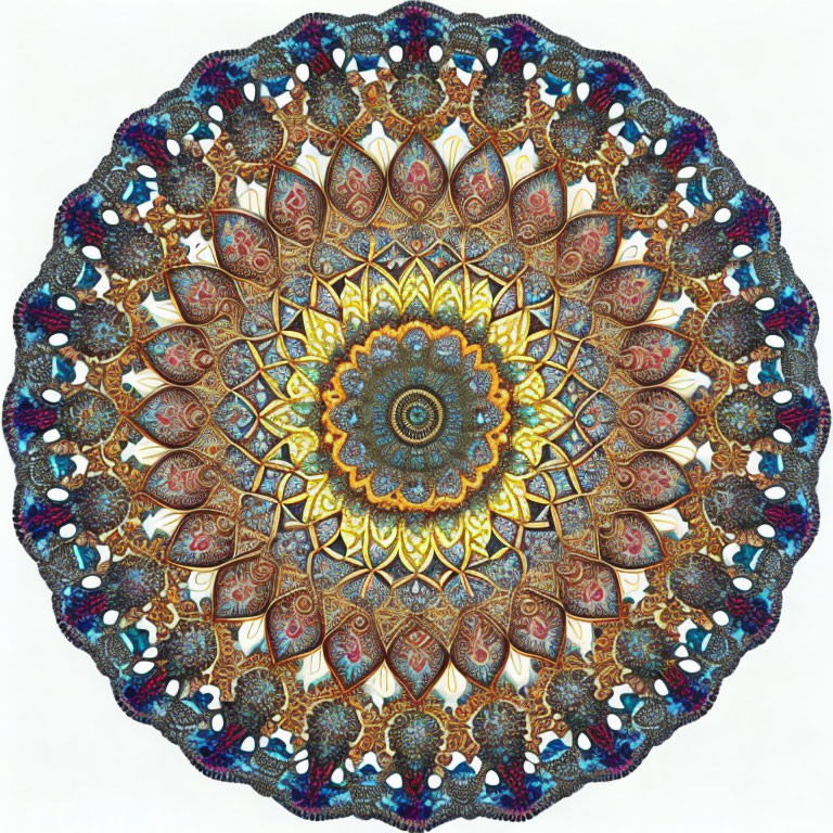 Symmetrical blue, brown, and gold mandala with star-like center