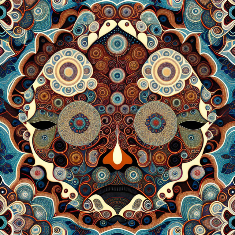 Symmetrical abstract design with vibrant colors and intricate patterns.