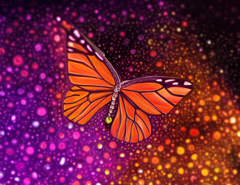 Orange Butterfly with Black and White Wings on Purple and Pink Bokeh Background