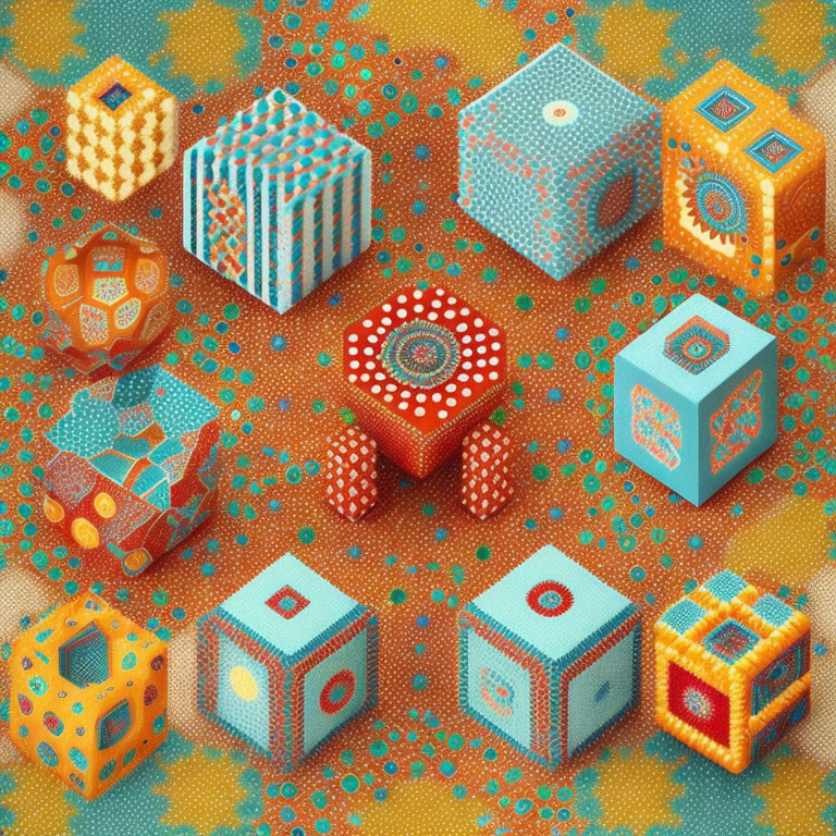 Colorful 3D Cubes with Geometric Designs on Dotted Background