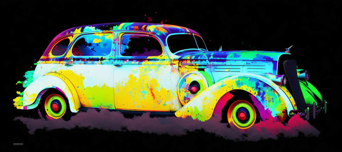 Neon-colored digital artwork of classic car with psychedelic paint splashes