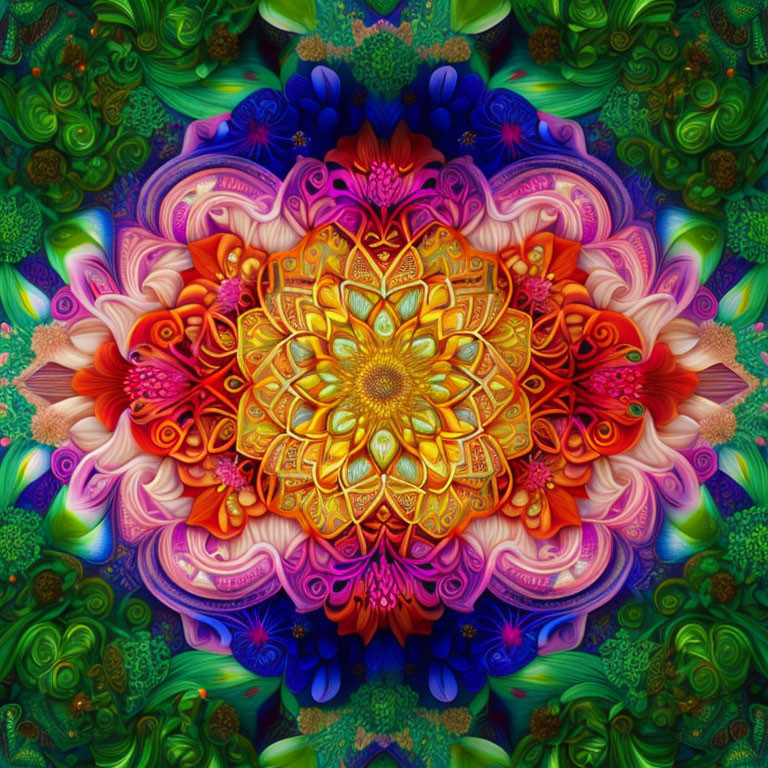 Symmetrical fractal image: Vibrant central mandala with colorful floral and abstract patterns