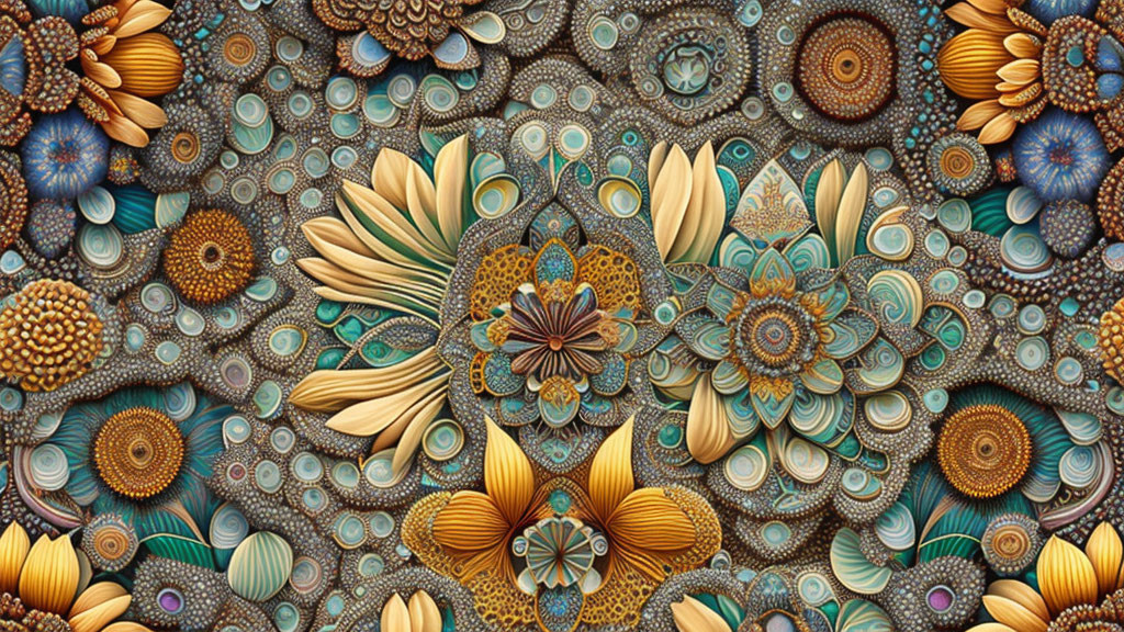 Colorful Floral Mosaic with Earthy Tones and Blues