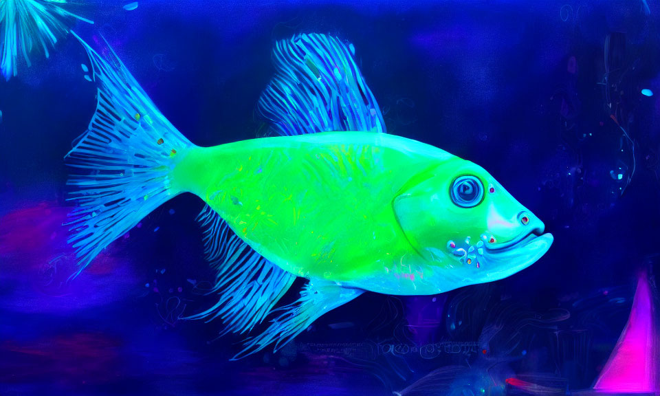 Vivid Neon Green Fish in Blue Underwater Dreamscape