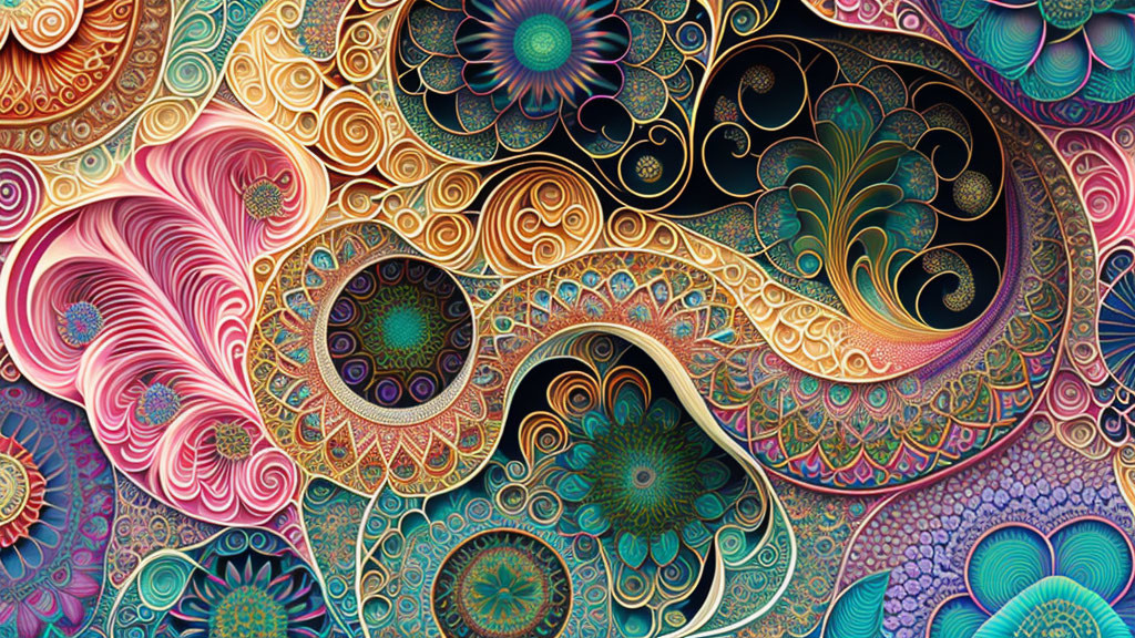 Colorful Fractal Pattern with Swirling Shapes and Floral Motifs