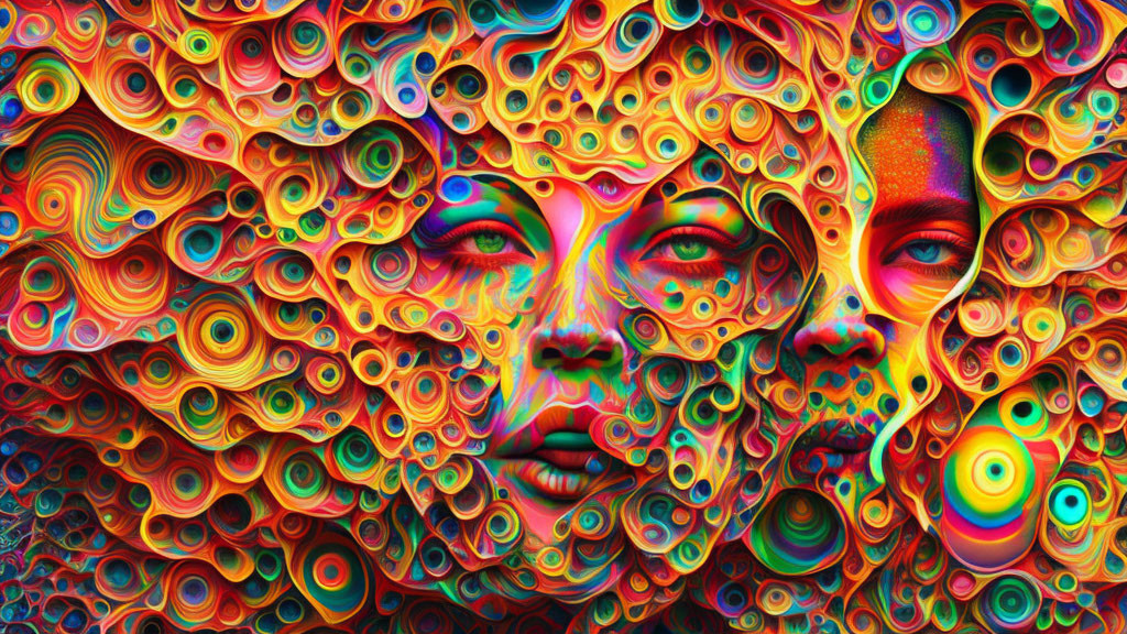 Colorful Psychedelic Artwork: Faces with Swirling Patterns