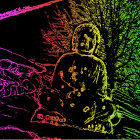 Neon-lit Buddha statue in meditative pose with halo on dark background