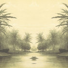 Tranquil tropical river with palm trees and foliage reflecting on calm water