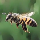 Detailed close-up of bee in flight with blue-patterned eyes, delicate wings, and striped abdomen.