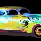 Neon-colored digital artwork of classic car with psychedelic paint splashes