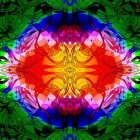 Symmetrical fractal image: Vibrant central mandala with colorful floral and abstract patterns