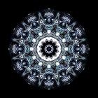 Symmetrical fractal design with star-like pattern and central blue & white orb on black background