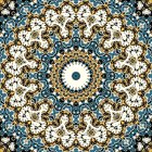 Detailed Symmetrical Fractal Design: Blue, Gold, White Mandala Patterns