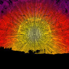 Colorful Mandala Artwork Over Sunset Skyline Silhouette