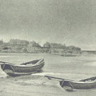 Tranquil watercolor painting of four boats on calm water