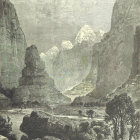 Rugged canyon pencil sketch with layered rock formations and river path under subdued sky