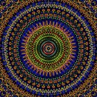 Colorful Fractal Art with Central Mandala Design in Blues, Oranges, and Greens