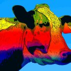 Colorful Cow Head Artwork on Blue Background with Psychedelic Patterns