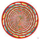 Vibrant circular abstract pattern with swirling red, orange, and turquoise lines