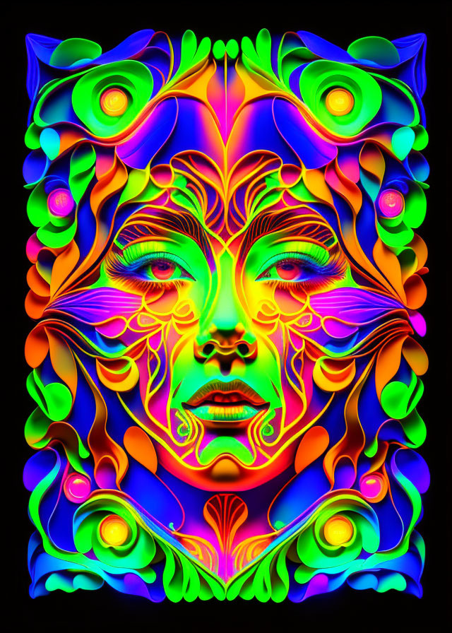 Colorful Psychedelic Female Face Illustration on Black Background