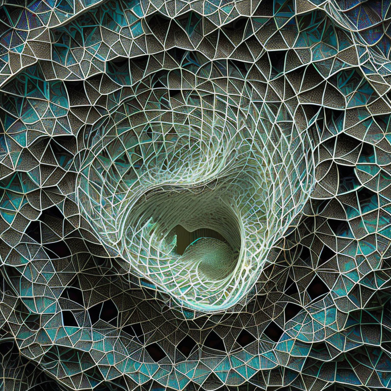 Fractal Tunnel Spiral Patterns in Blue and White Wireframe Design