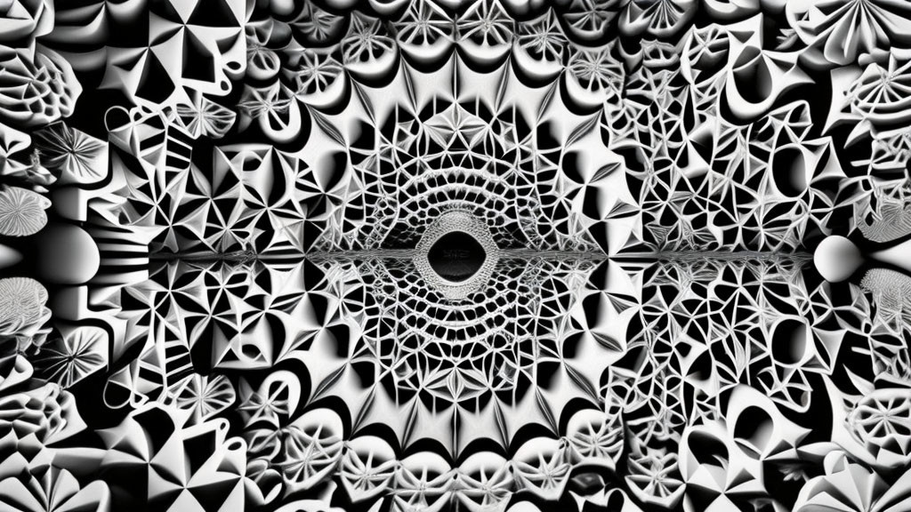 Intricate Black and White Fractal Pattern with Geometric Shapes