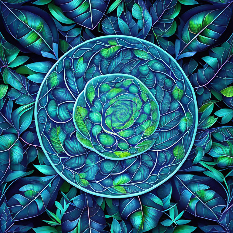 Circular symmetrical blue and green leaves digital illustration