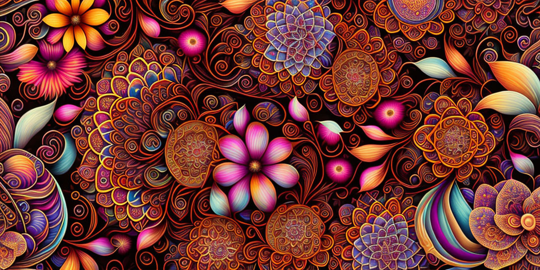 Colorful Flower and Paisley Pattern on Dark Background