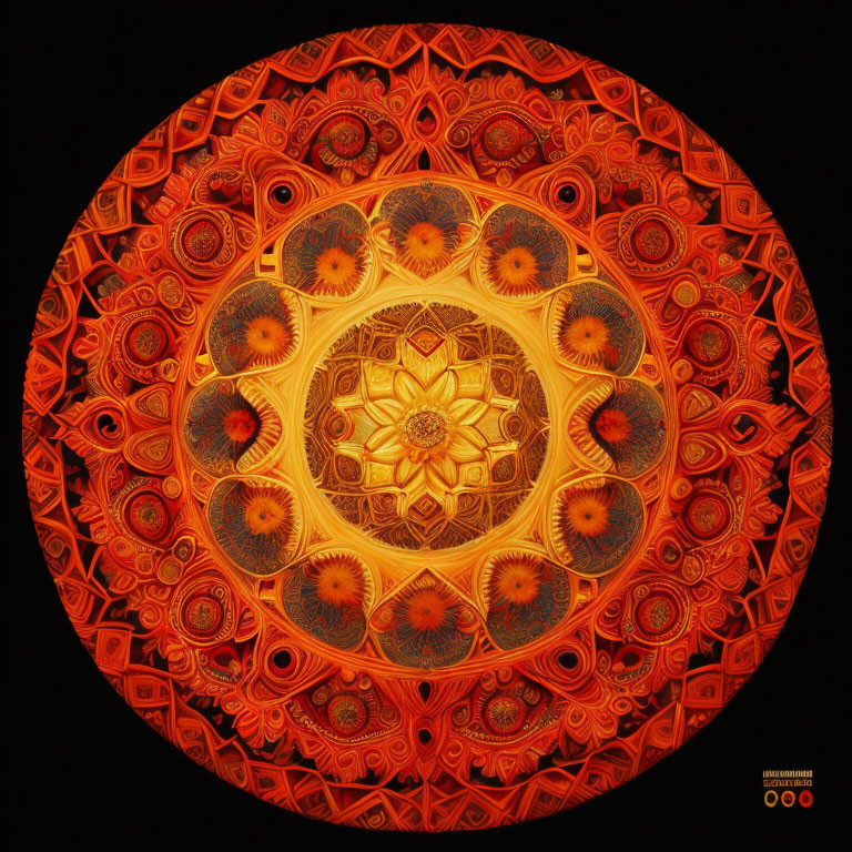 Intricate Orange and Red Mandala Pattern on Dark Background