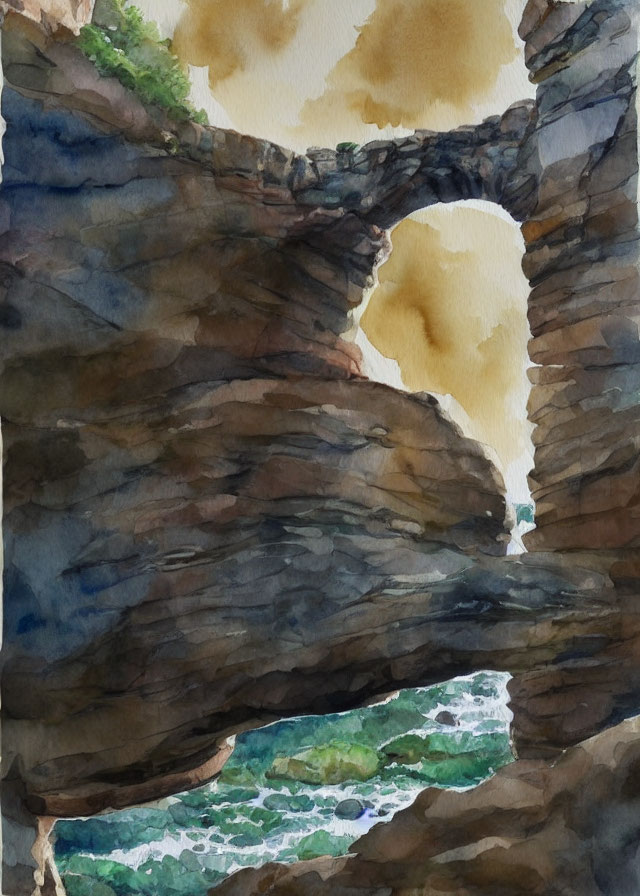 Nature-inspired watercolor painting: rocky arch, ocean view, blue, brown, and green tones