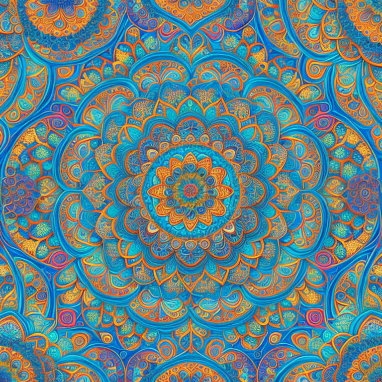 Colorful Symmetrical Mandala Pattern in Blue, Orange, and Gold