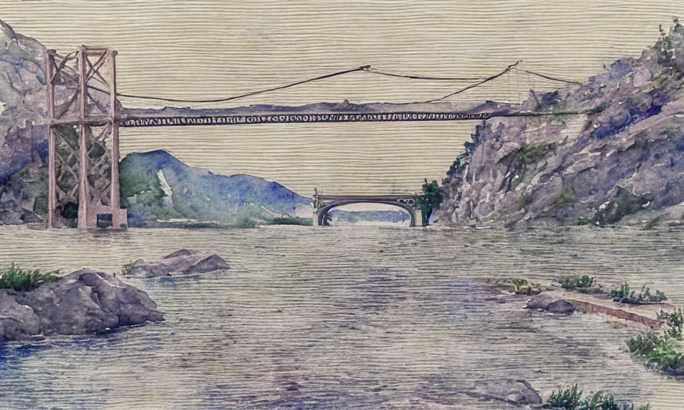 Serene watercolor landscape with suspension bridge