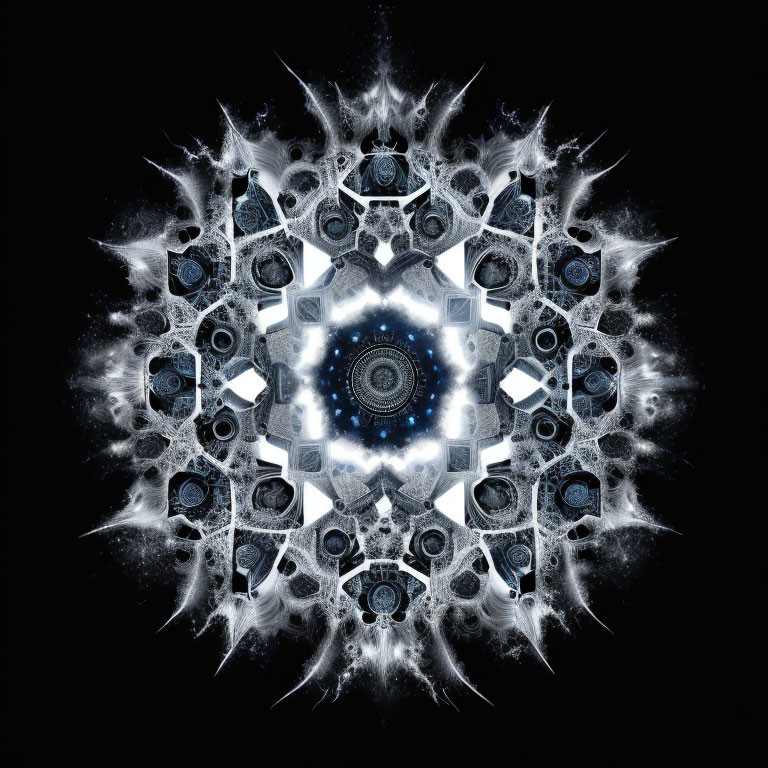 Symmetrical fractal design with star-like pattern and central blue & white orb on black background