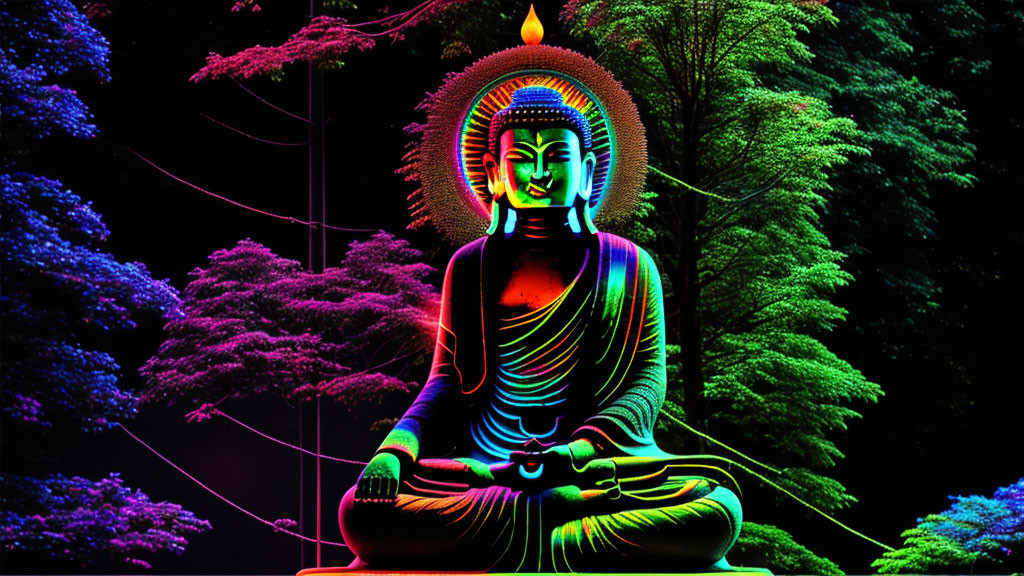 Neon-lit Buddha statue in meditative pose with halo on dark background