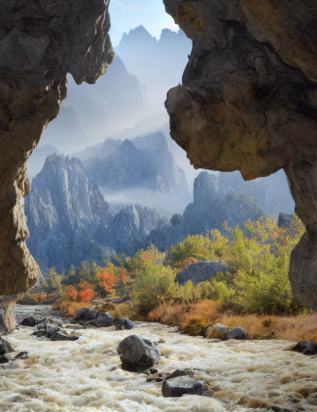 Scenic river in autumn valley with cave entrance and misty mountains