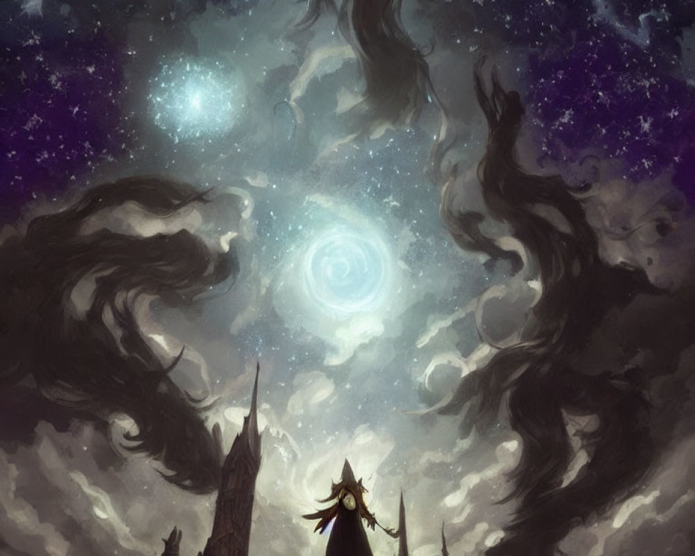 Mystical figure in galaxy with castle silhouette under starlit sky