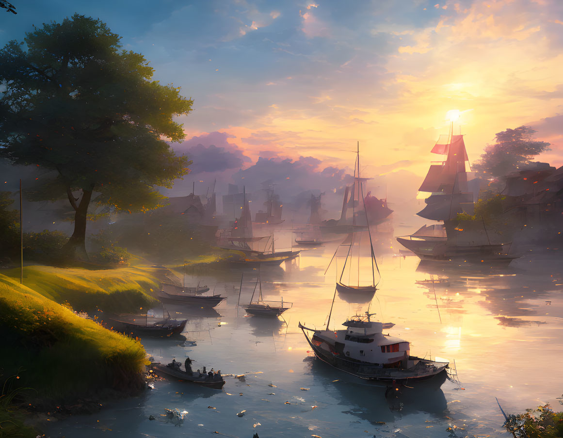 Tranquil harbor at sunset with sailing ships and golden sky reflected on water