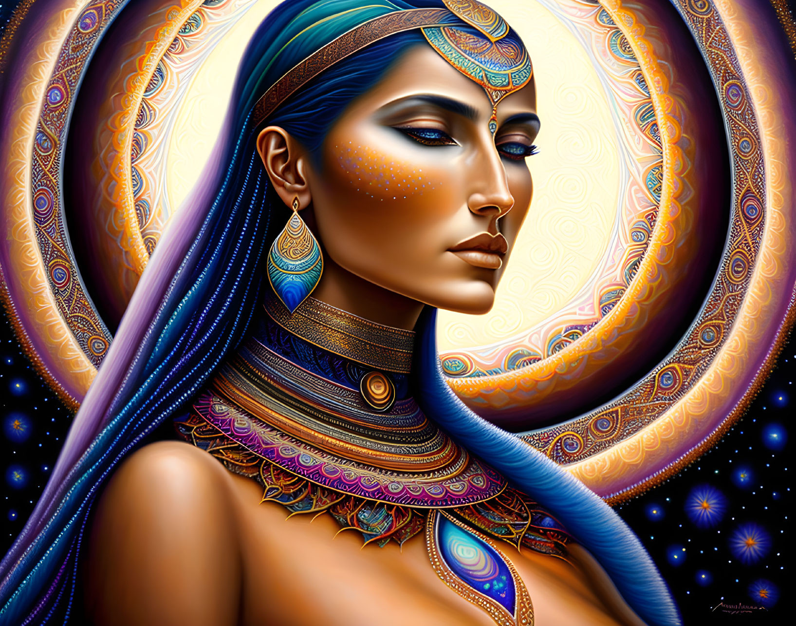 Colorful Woman with Blue Hair and Golden Jewelry on Cosmic Background