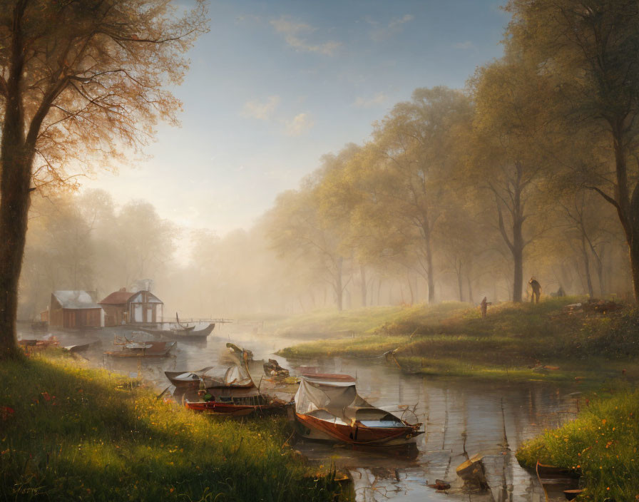 Tranquil river dawn with boats, trees, house, and person in golden light